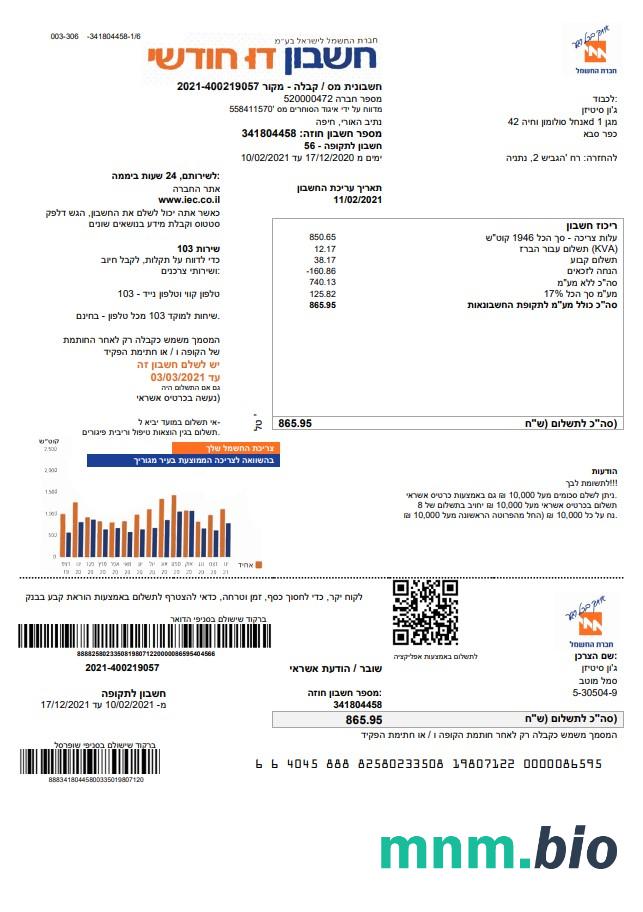 Izrael Electric Corporation rachunek za media szablon w formacie Word i PDF w języku hebrajskim